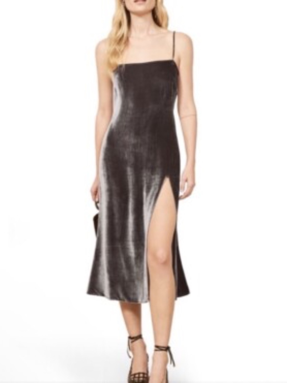 Reformation crushed velvet tie strap zip gray/black dress NWOT